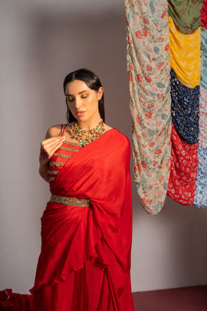 Red Embroidered Drape Saree Set image 5
