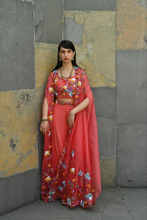 Coral Embroidered Bell Bottom Pant With Crop Top and Cape image 1