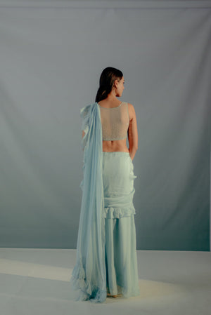Baby Blue Feather Details Saree Set image 5