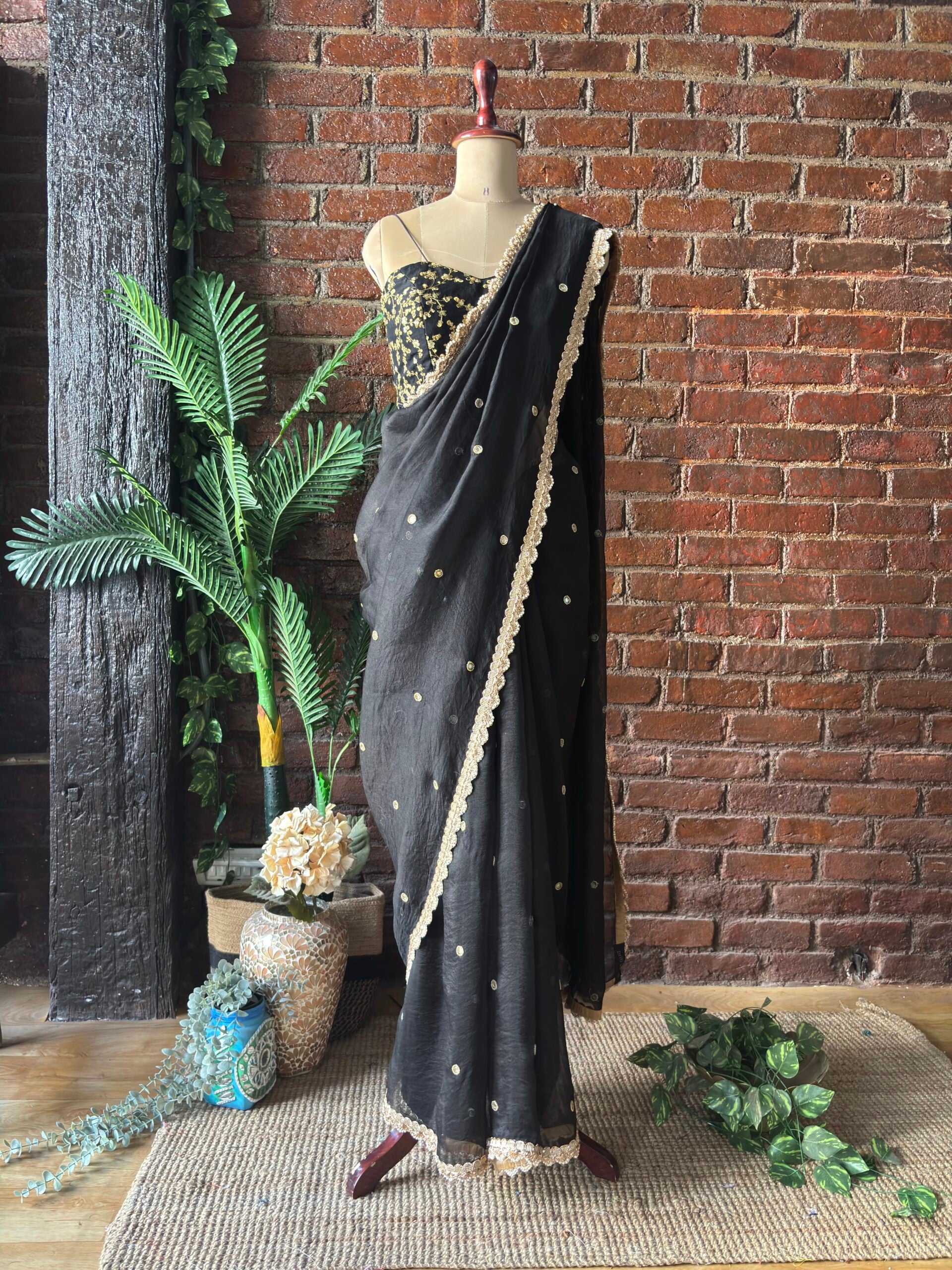 Black Organza Saree with Mirror Work Corset Belt image 1
