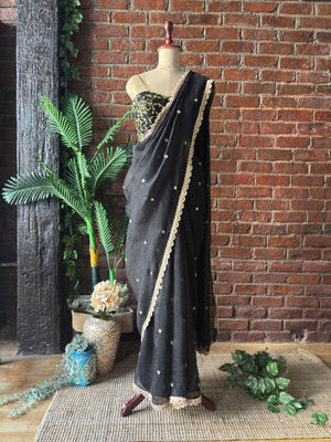 Black Organza Saree with Mirror Work Corset Belt image 1