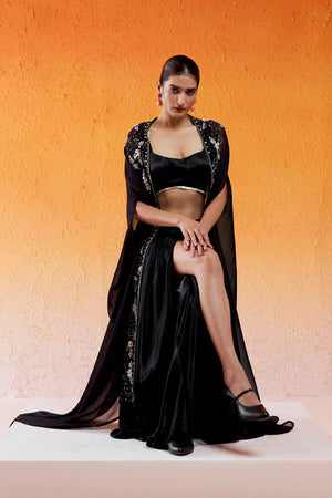Black Embroidered Drape Skirt Set with Cape image 1