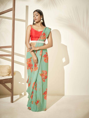 Green Floral Saree - M image
