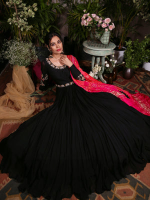 Black Anarkali with Pink Bandhani Dupatta - XL image