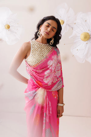 Pink and Golden Saree Style Co-ord Set image 3