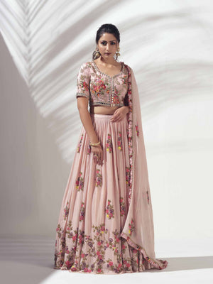 Pink Floral Lehenga with Mirror Work Blouse - S image