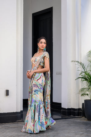 Gardenia Highlighted Saree Paidwan with Hand Work Mirror Blouse - S image
