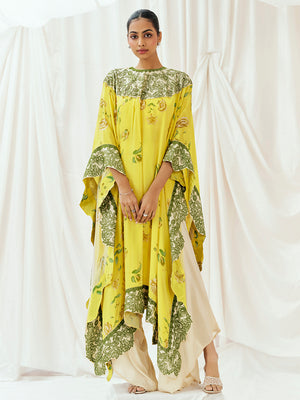 Bright Yellow Printed Embroidered Kaftan Set image 0