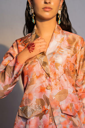 Coral Pink Print And Embroidered Blazer Suit Set image 3