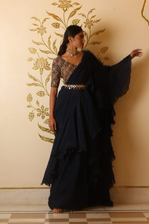 Prussian Blue Organza Ruffle Saree Set image 3