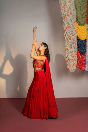 Red Embroidered Lehenga Set image 4