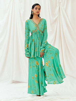 Turquoise Blue Printed Embroidered Peplum Sharara Set image 3