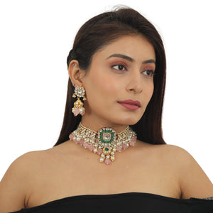 Green And White Choker Necklace Set With Pearls image 2