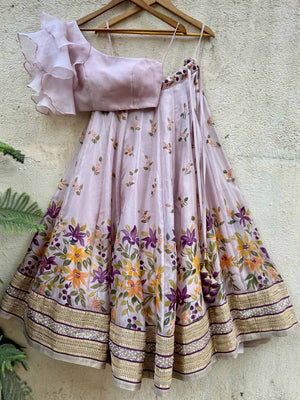 One-Shoulder Ruffle Lehenga Set - L image