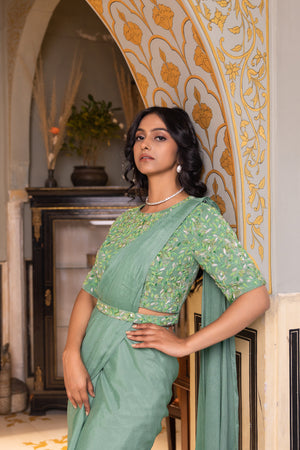Sage Green Pre-Draped Georgette Saree image 1