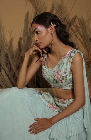 Pastel Blue Embroidered Fusion Lehenga Set image 1