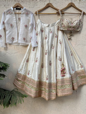 Ivory Raw Silk Lehenga with Jacket image 0