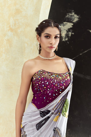Periwinkle hand painted saree and corset set image 3
