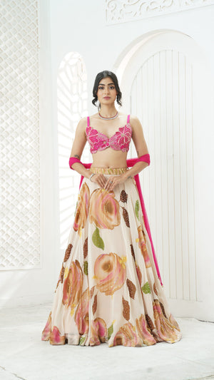 Baby Pink hand painted lehenga and embroidered bralette set - XL image