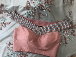 Pink Off-Shoulder Blouse With Sage Green Lehenga image 1