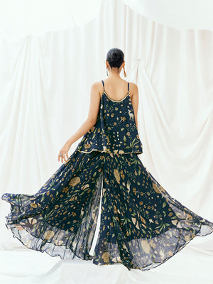Navy Blue Printed Embroidered Peplum Sharara Set image 1