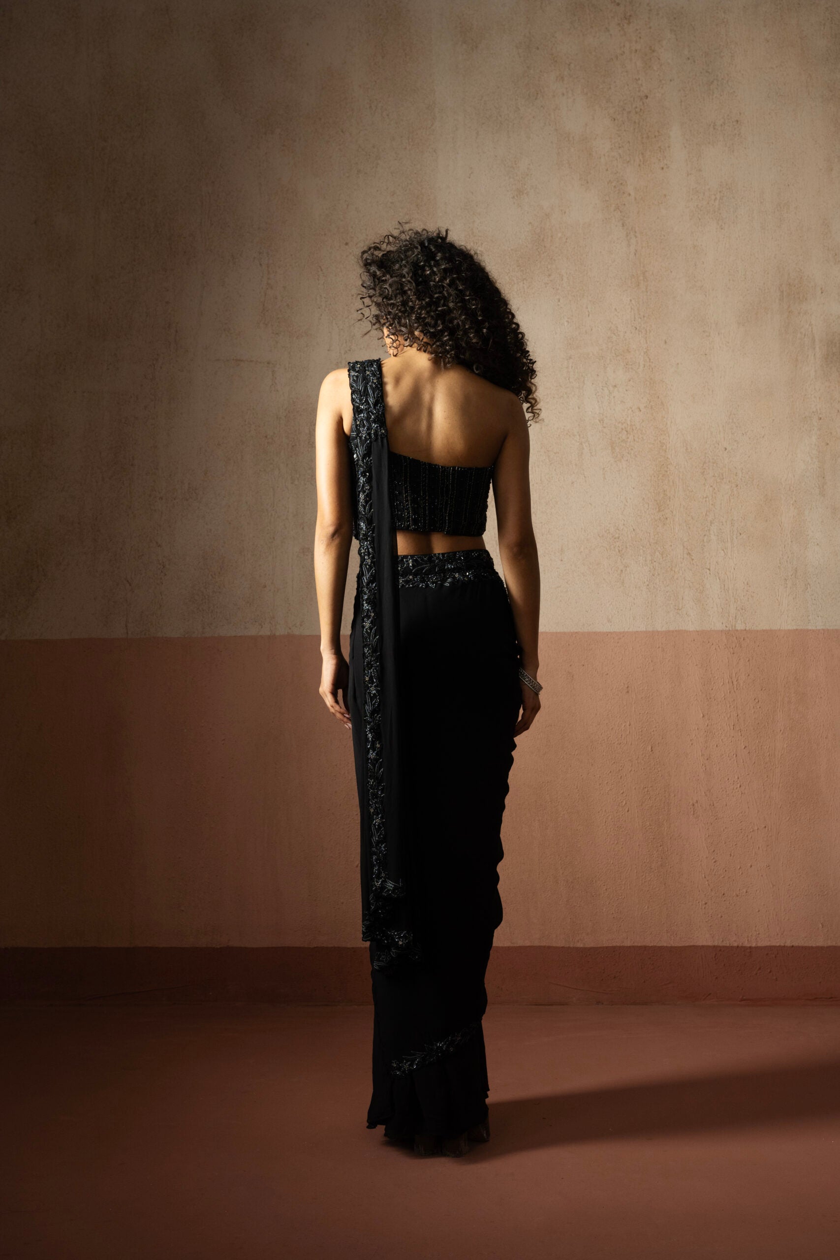 Pre-Draped Black Hand Embroidered Georgette Saree image 1