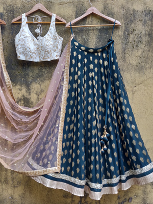 Deep Green Ruffle and Ivory Lehenga Set - XS image