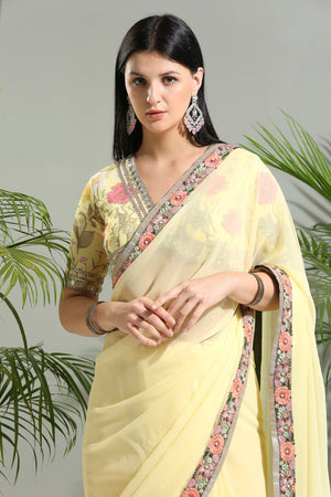 Yellow Saree with Floral Blouse image 4
