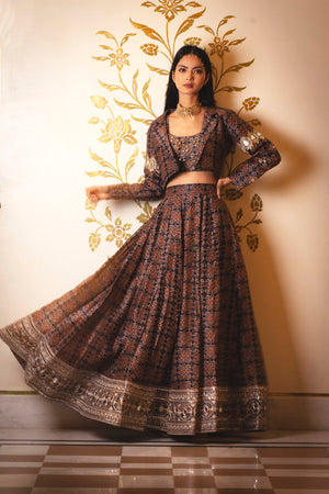 Ajrakh Print Skirt and Coat Set image 2