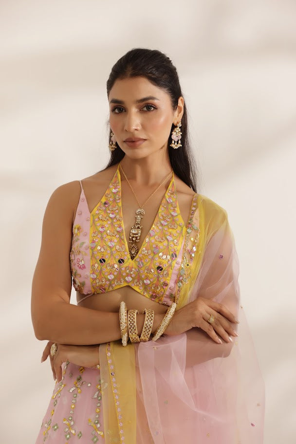 Pastel Pink and Yellow Mirror Work lehenga image 1