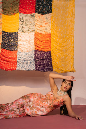 Coral Pink Embroidered And Printed Sharara Set image 2