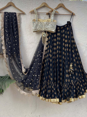 Black Ruffle Lehenga Set with Mirror Bustier image 1