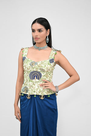 Peacock Highlighted Corset With Cowl Skirt image 3