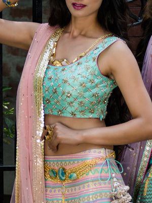 Pastel Geometric Lehenga with Aqua Choli Set image 3