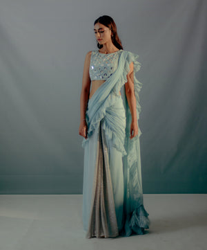 Baby Blue Feather Details Saree Set image 6