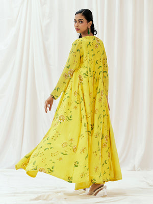Bright Yellow Printed Embroidered Drape Skirt Set with Jacket image 7