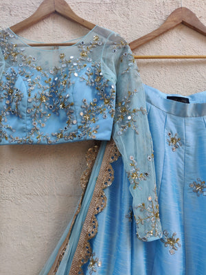 Powder Blue Mirror and Thread Embroidered Lehenga Set image 1