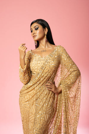 Golden Georgette Embroidered Saree image 3