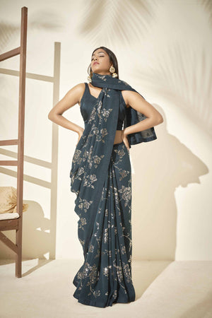 Teal Sequins Saree image 1