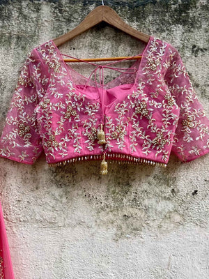 Pink Ruffled Embroidered Pre-stitched Saree Set image 1
