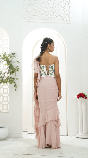 Powder Pink saree and Corset blouse set Mauve ruffle saree and hand painted corset set image 2