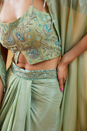 Pista Green Embroidered Drape Skirt Set with Cape image 4