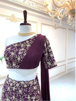 Wine One Shoulder Lehenga Set image 1
