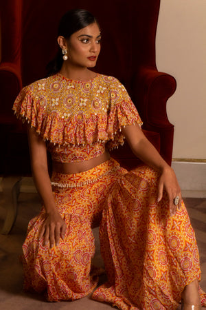 Yellow Printed Sharara Set With Cape image 0