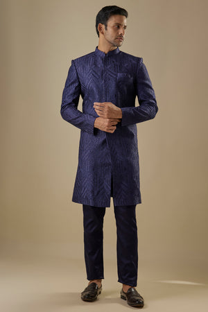 Navy Blue Geometric Embroidered Sherwani Set image 0