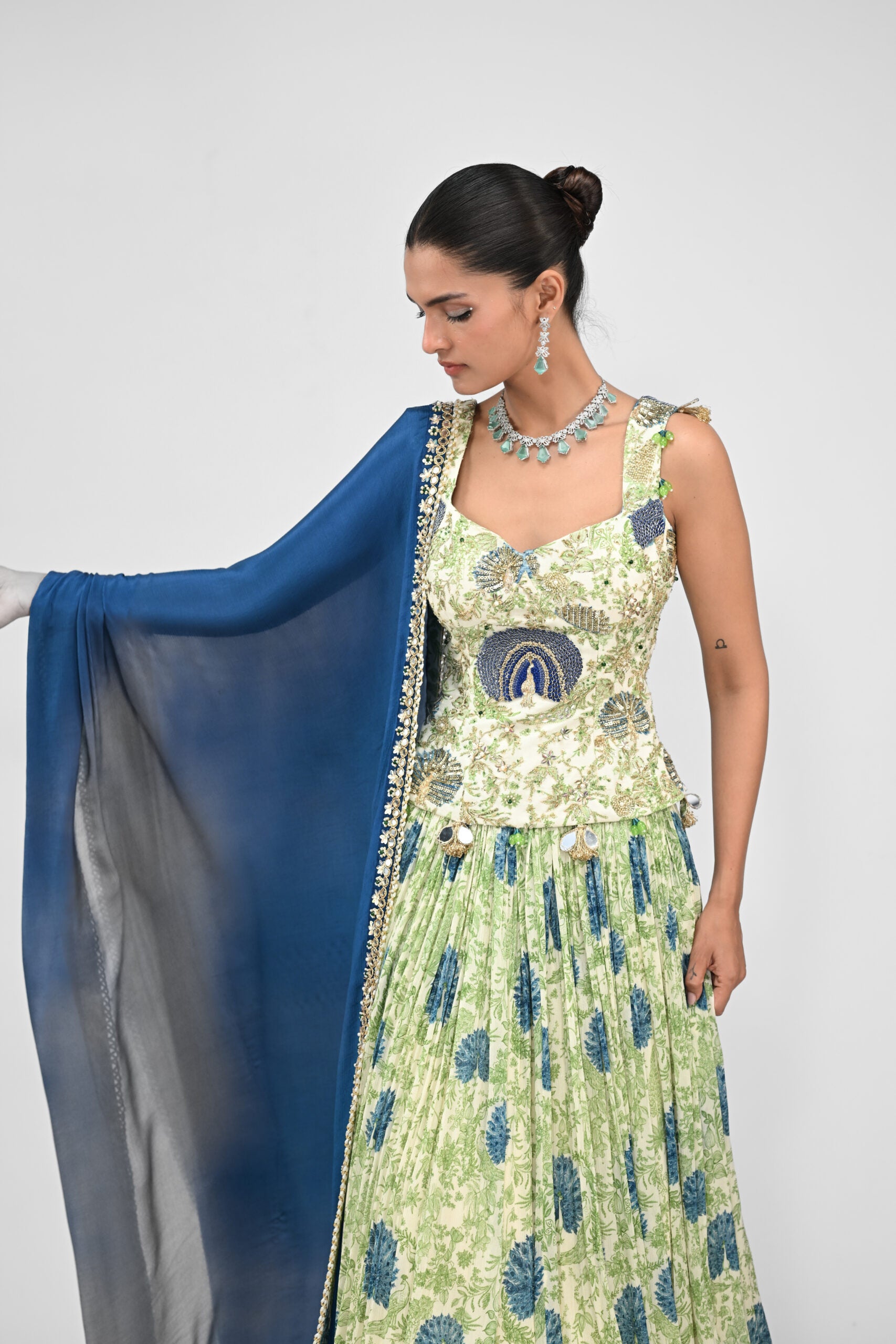 Peacock Highlighted Lehenga Paired with Highlighted Peacock Corset and Embroidered Dupatta image 1