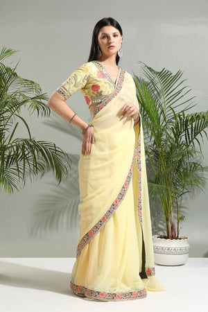 Yellow Saree with Floral Blouse image 0