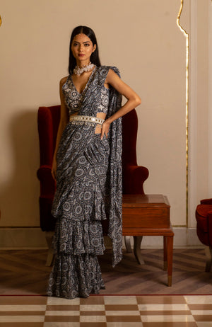 Blue Printed Skirt Saree Set with Belt image 0