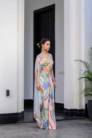 Gardenia Dhoti Skirt Set Paidawn With Highlighted Bralette With Highlighted Applique Cape image 3