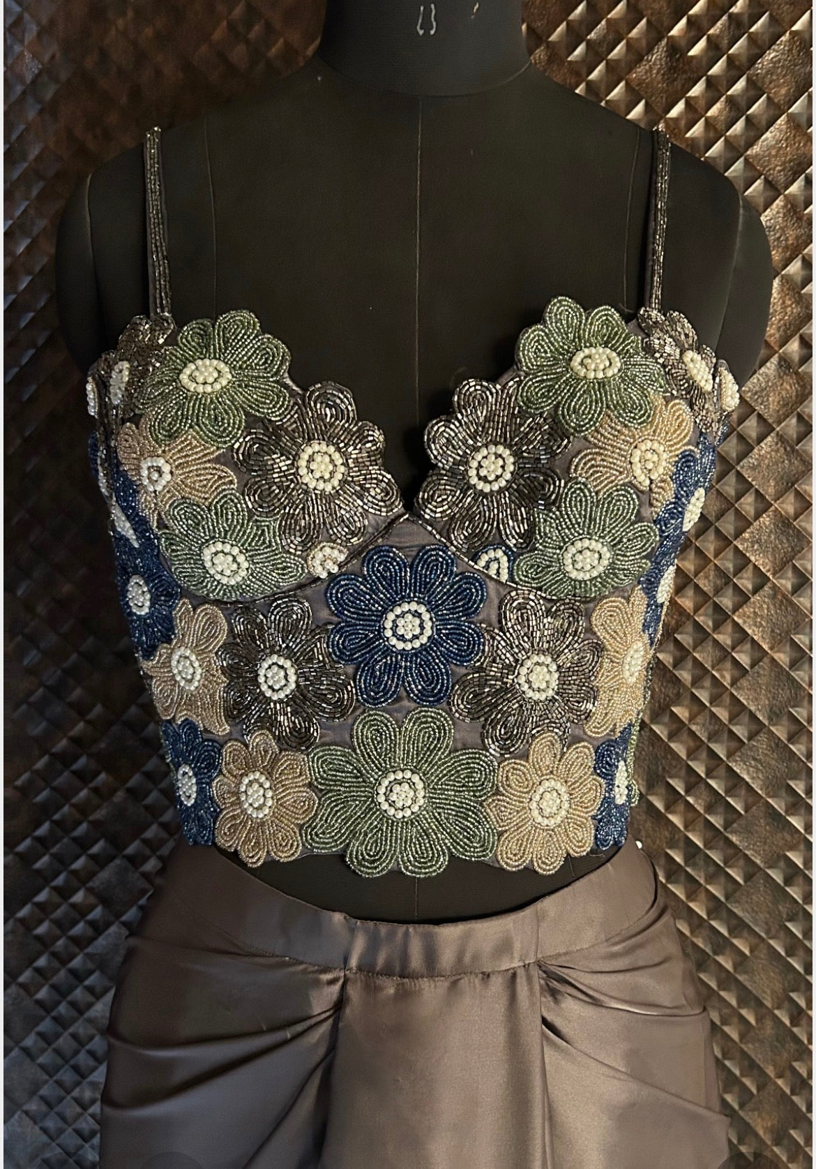 Bead Cut-dana Embroidered Corset in Subtle Shades of Sage, Gold, Blue and Grey with a Pre-stitched Saree image 1
